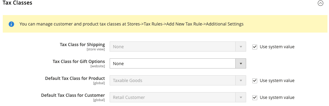 Tax class settings in the Magento admin area.