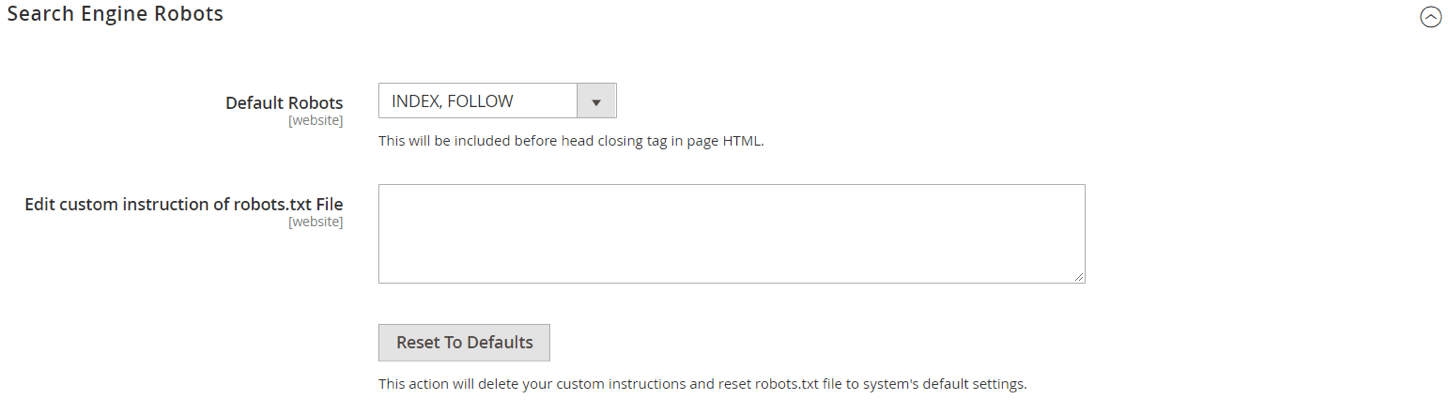 The search engine robot settings in Magento.