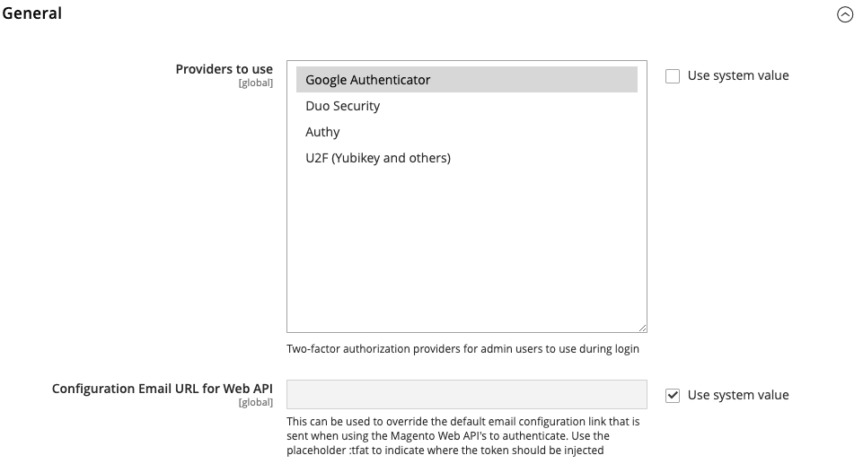 Setting up two-factor authentication in Magento.