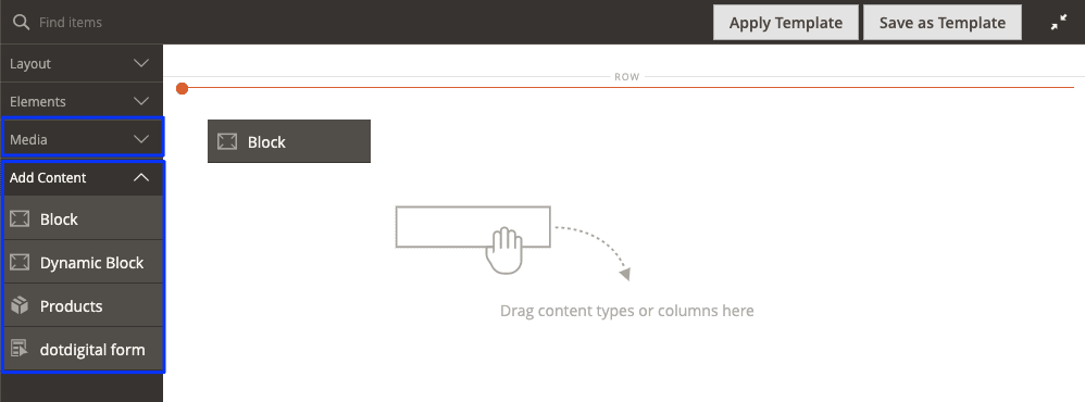 Use drag-and-drop content and media items in the page builder.