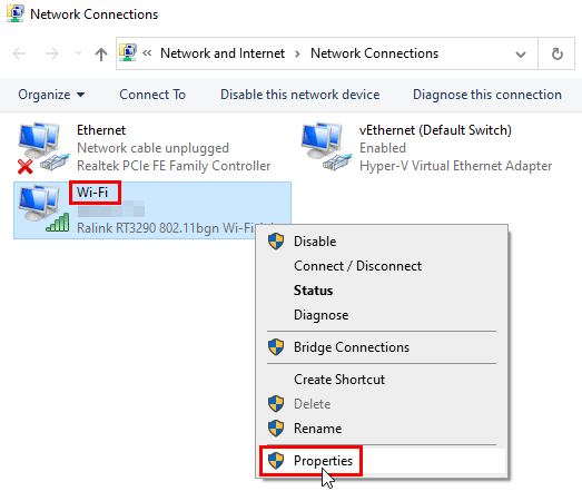 Opening the network connections properties in Windows.