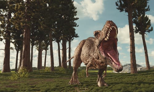 A T-rex roars from a wooded hilltop. (Image is not from actual ARK: Survival Evolved gameplay.)