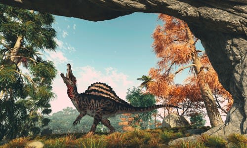 A spinosaurus roars in a wooded landscape. (Image is not actual ARK: Survival Evolved gameplay.)