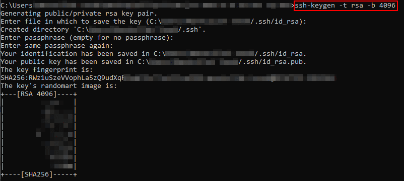 An example of what the output should look like after running the ssh-keygen command on Windows.