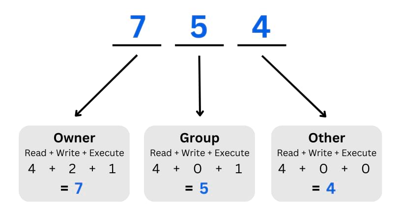 A visual explanation of how to come up with the 3 digits of the permissions you want.