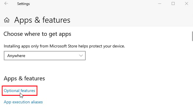 Adding an optional feature from the Windows settings.