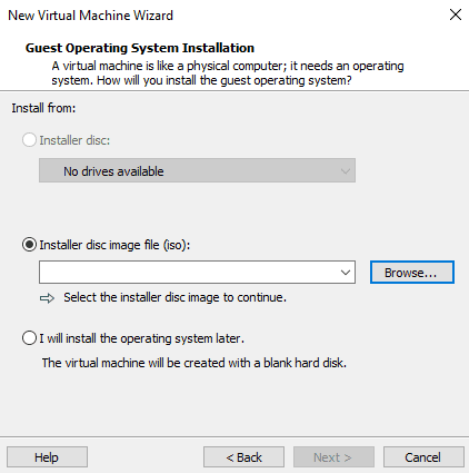 Choosing to install the desired operating system via the Installer disc image file (iso) option for the new virtual machine on VMware.