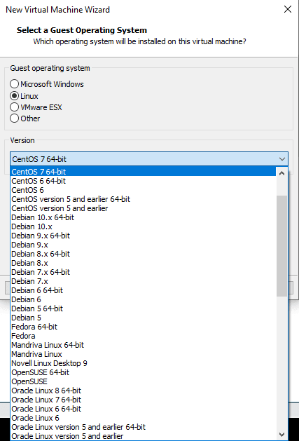 Choosing the name and version of the operating system.