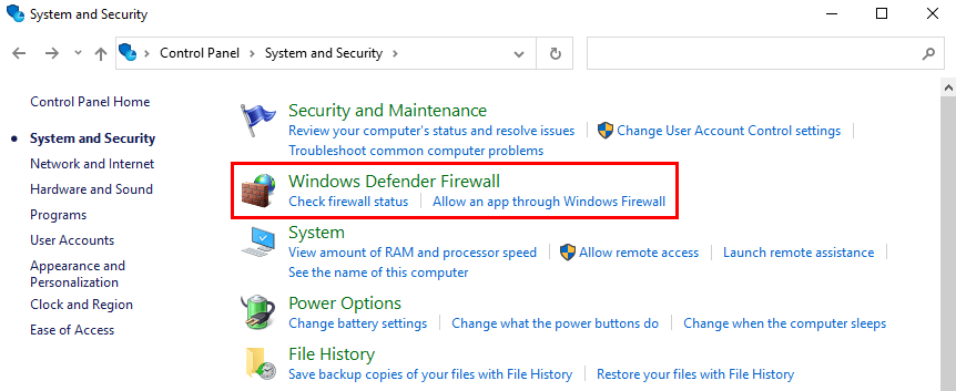 Opening Windows Defender Firewall on Windows.