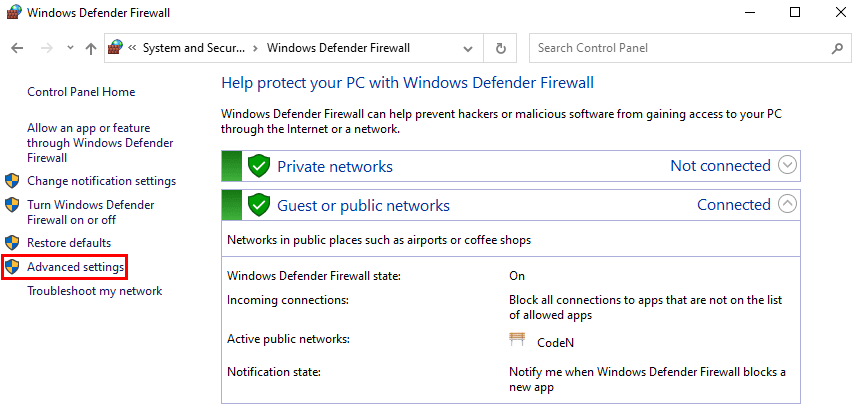 Navigating to Advanced settings in the Windows Defender Firewall on Windows.