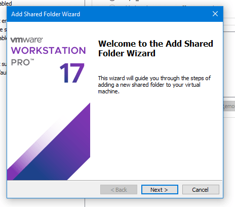 VMware Add Shared Folder Wizard.