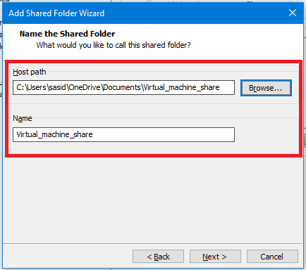 dd shared folder attributes for the VMware host machine.