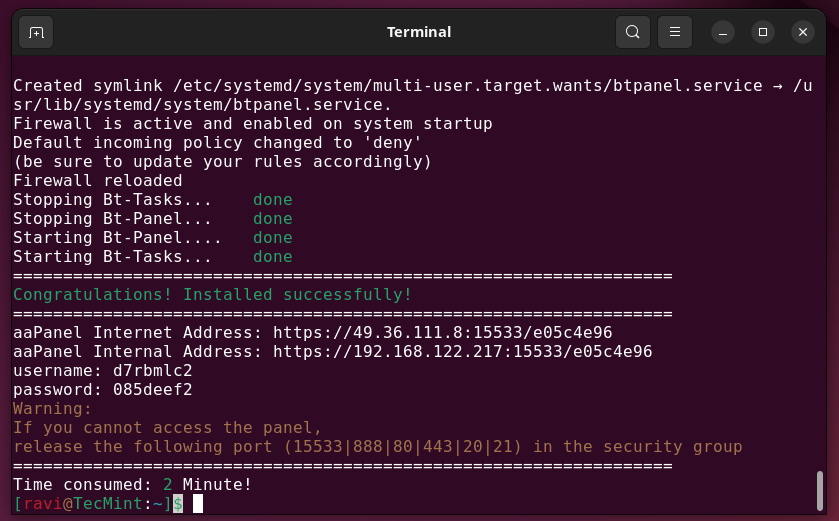 aaPanel Installed Succesfully