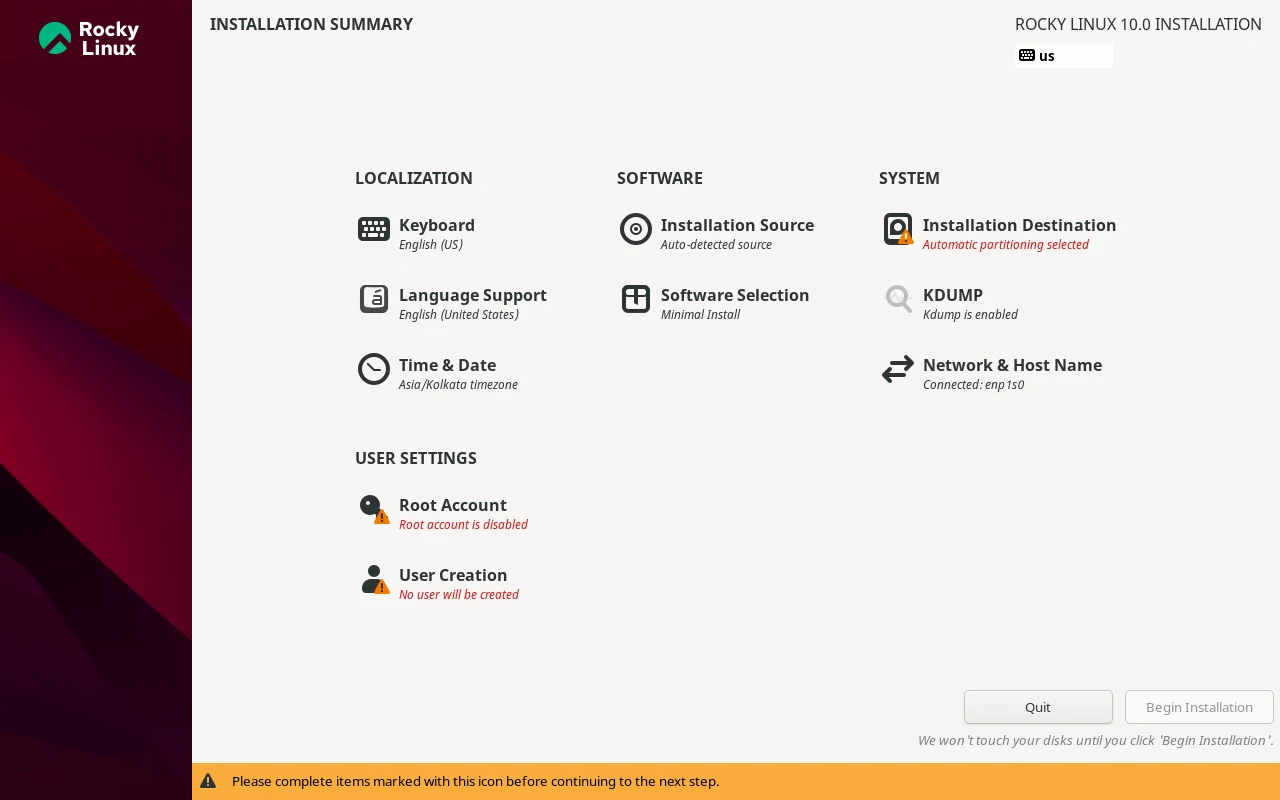 Rocky Linux 10 Installation Summary