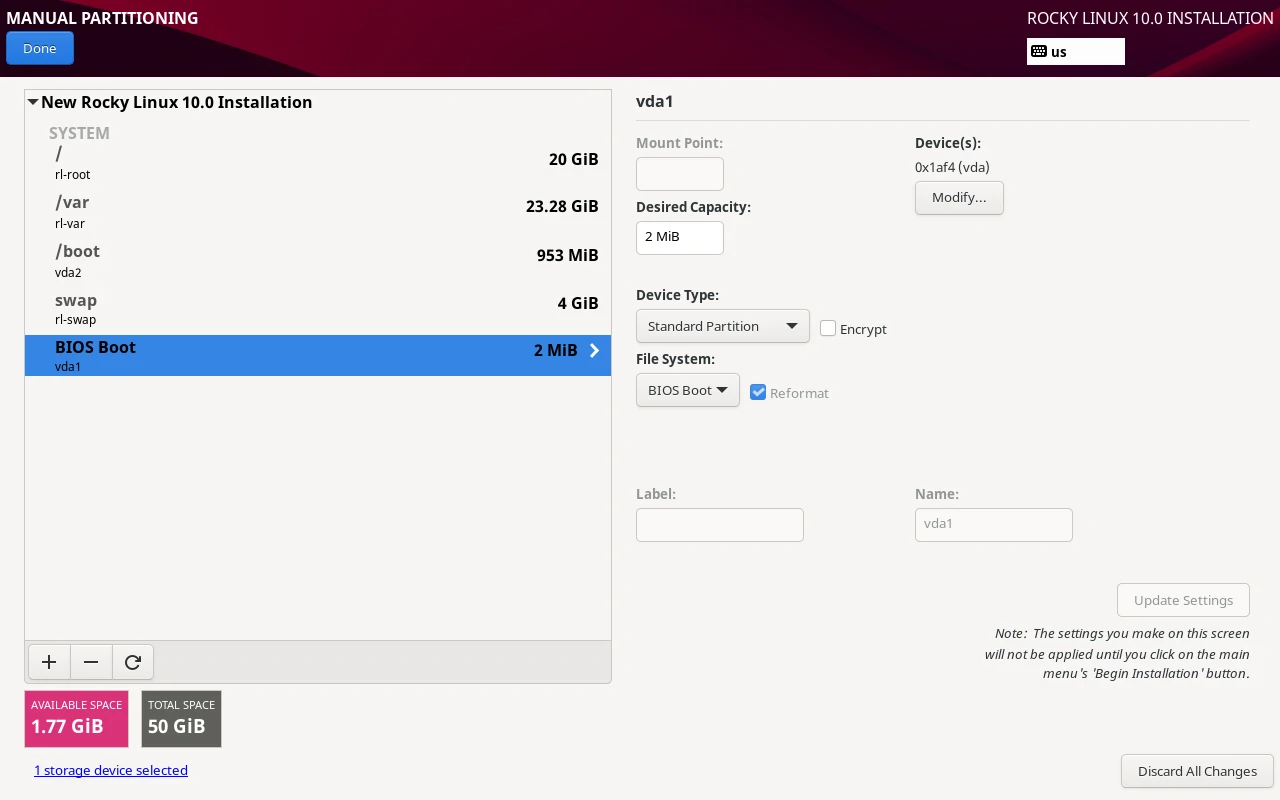 Rocky Linux Partition Table