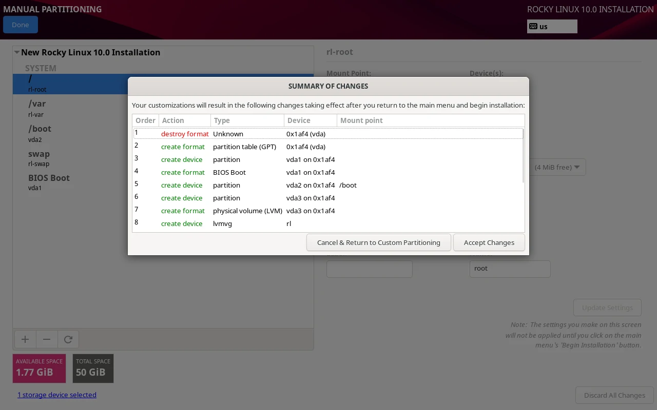 Rocky Linux Partition Changes